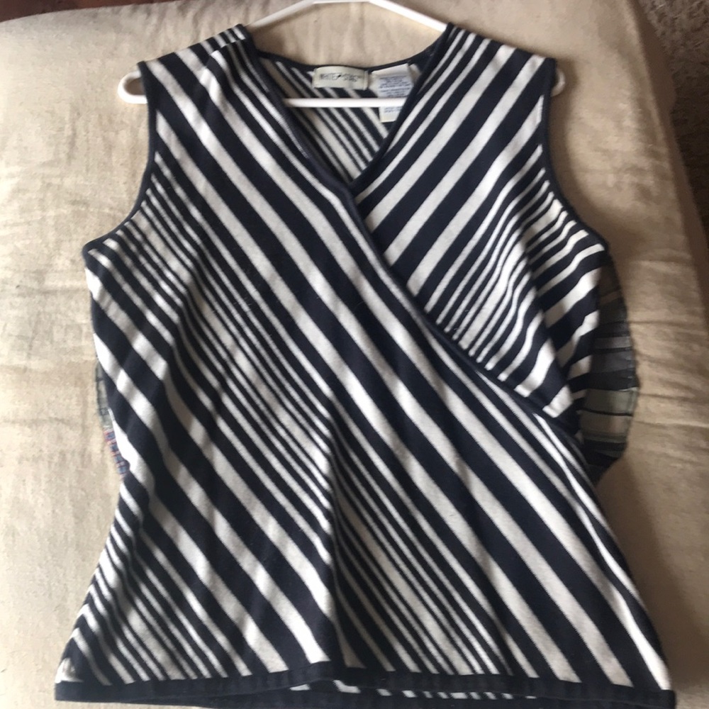 Sleeveless striped sweater, mock wrap tie